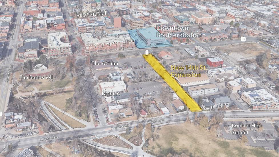 3d overview of the downtown boulder station expansion project highlighting canyon boulevard to arapahoe street