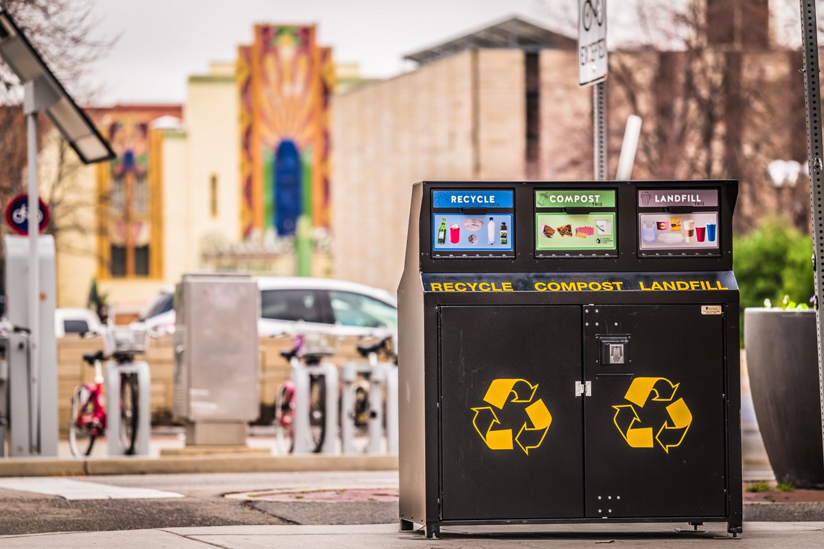A three-bin system offers options to recycle, compost or landfill garbage near the Boulder Theater. 