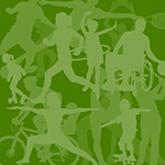 Graphic with light green shadows of people of all abilities playing sports on a green background. 