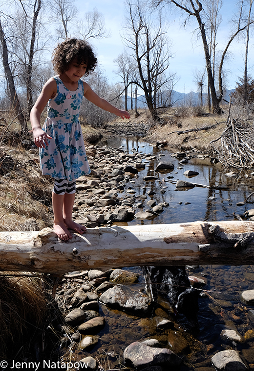 Child crossing stream on a log