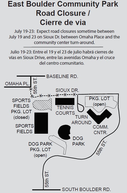A map of the East Boulder Community Park and surrounding area, showing a closure on Sioux Drive between Omaha Pl and the community center parking lot.