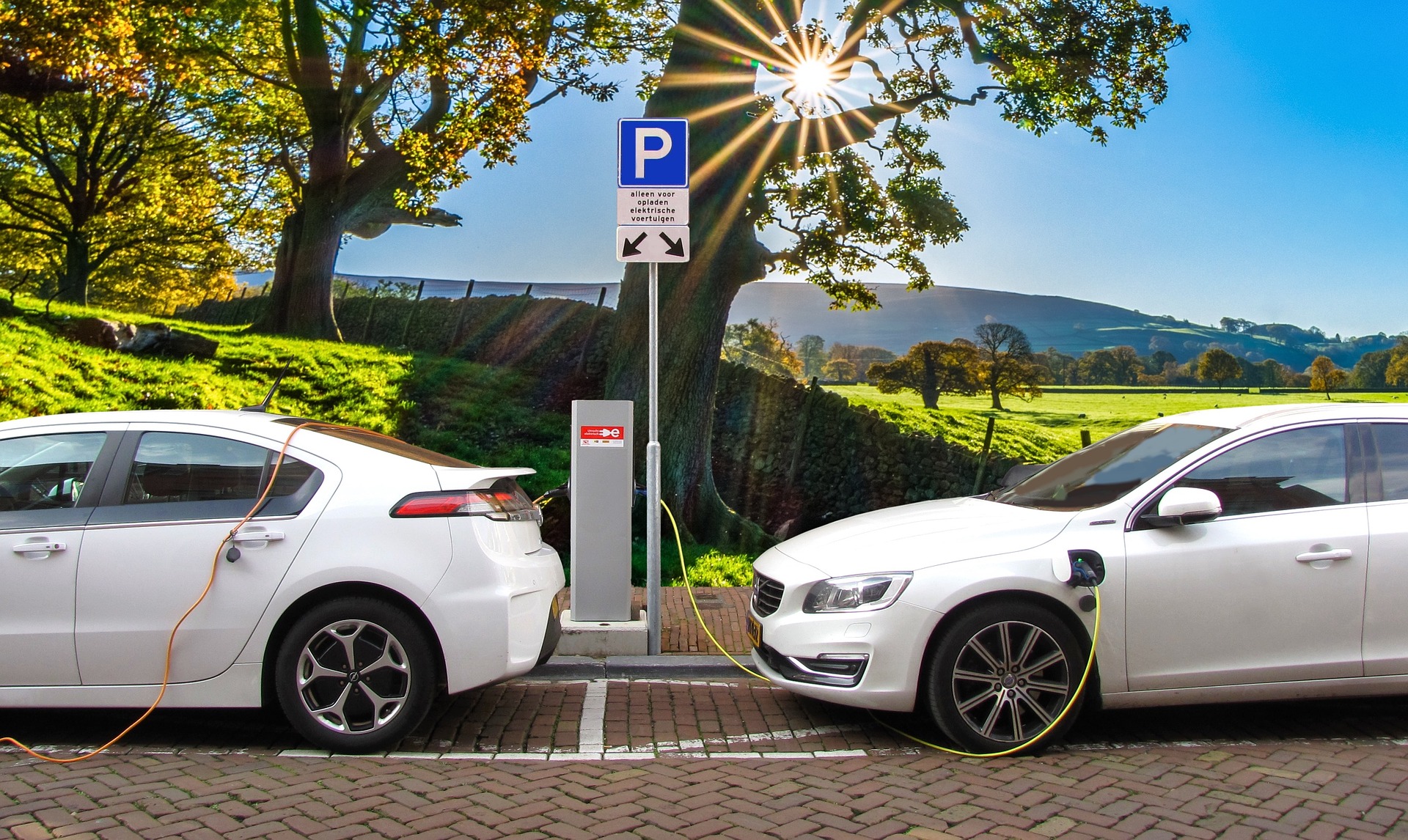 Foto de dos coches eléctricos conectados a una estación de carga