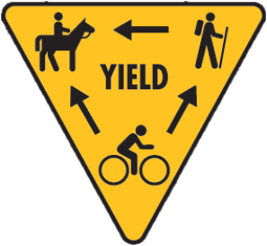 A triangle sign showing how and when trail users need to yield to others