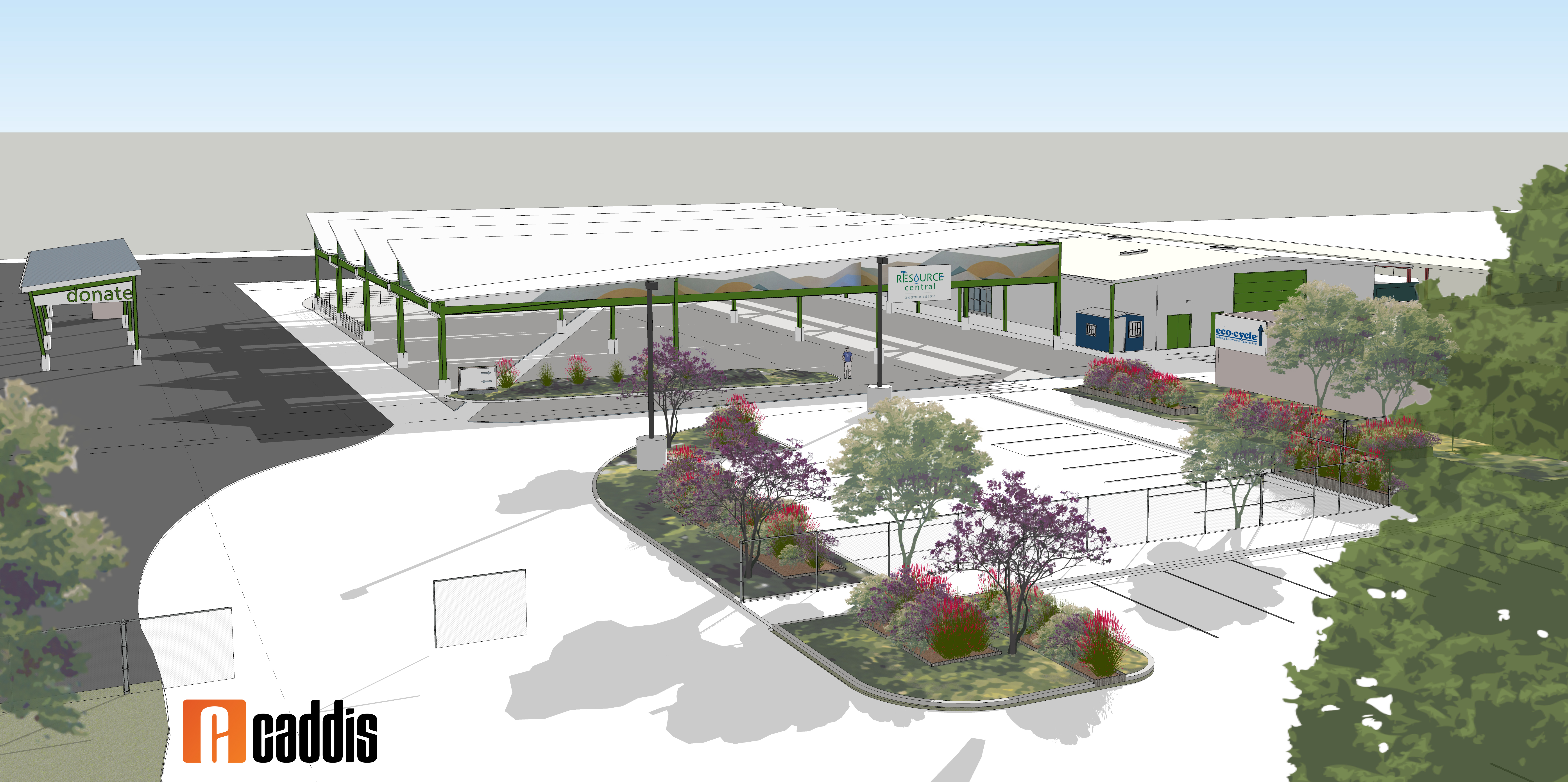 Image of an artist's rendering of a recycling and reuse facility comprising a covered donation area on the left, a large covered parking area in the center and building to the righthand side of the image.