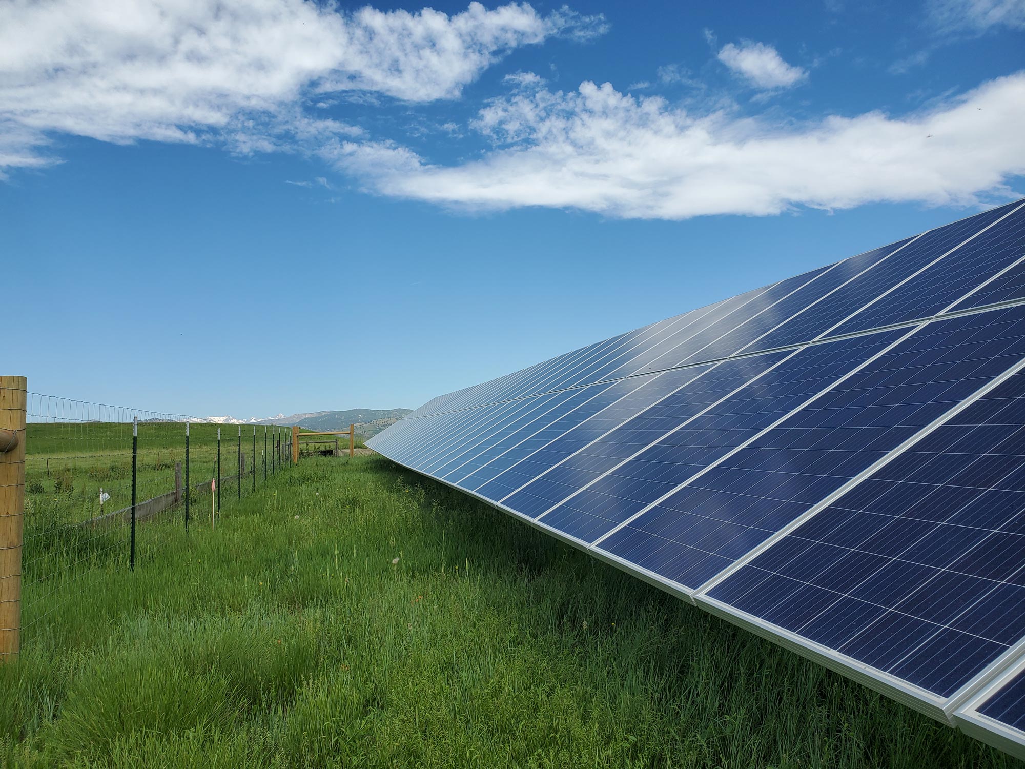 Los paneles solares se sientan en un campo de hierba verde en el Boulder centro de entrenamiento contra incendios