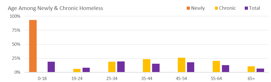 Bar chart of age among newly and chronic homeless