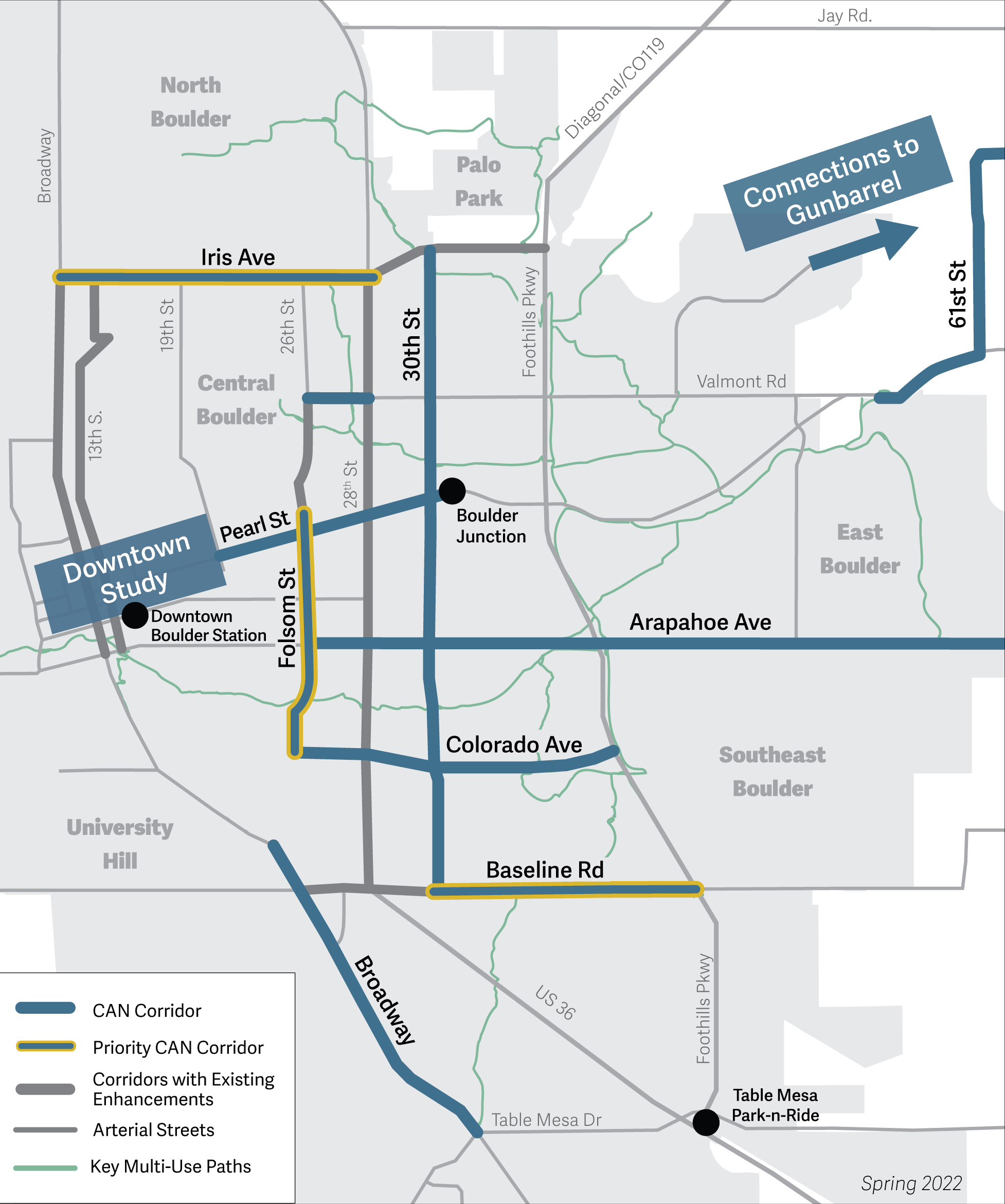 Un mapa de BoulderRed arterial central de