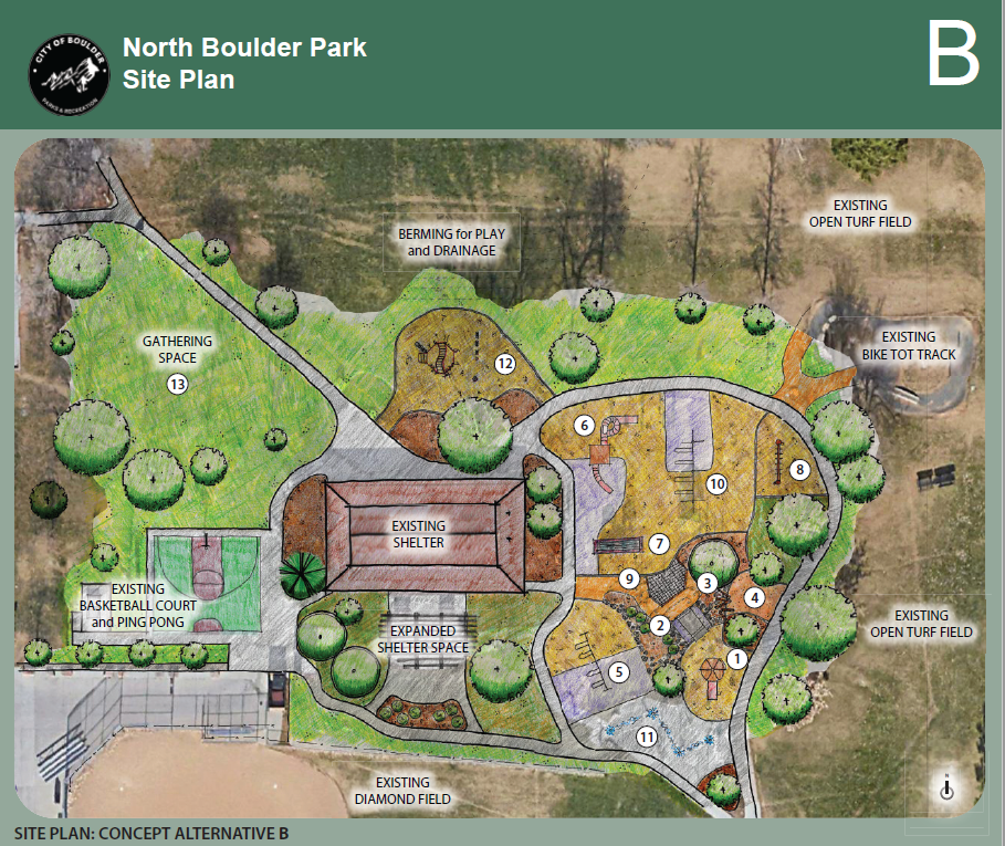 Option B: Drawing of potential layout of North Boulder Park Playground and other amenities.
