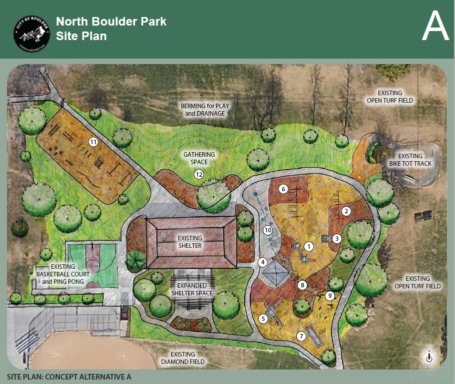 Option A: Drawing of potential layout of North Boulder Park Playground and other amenities..