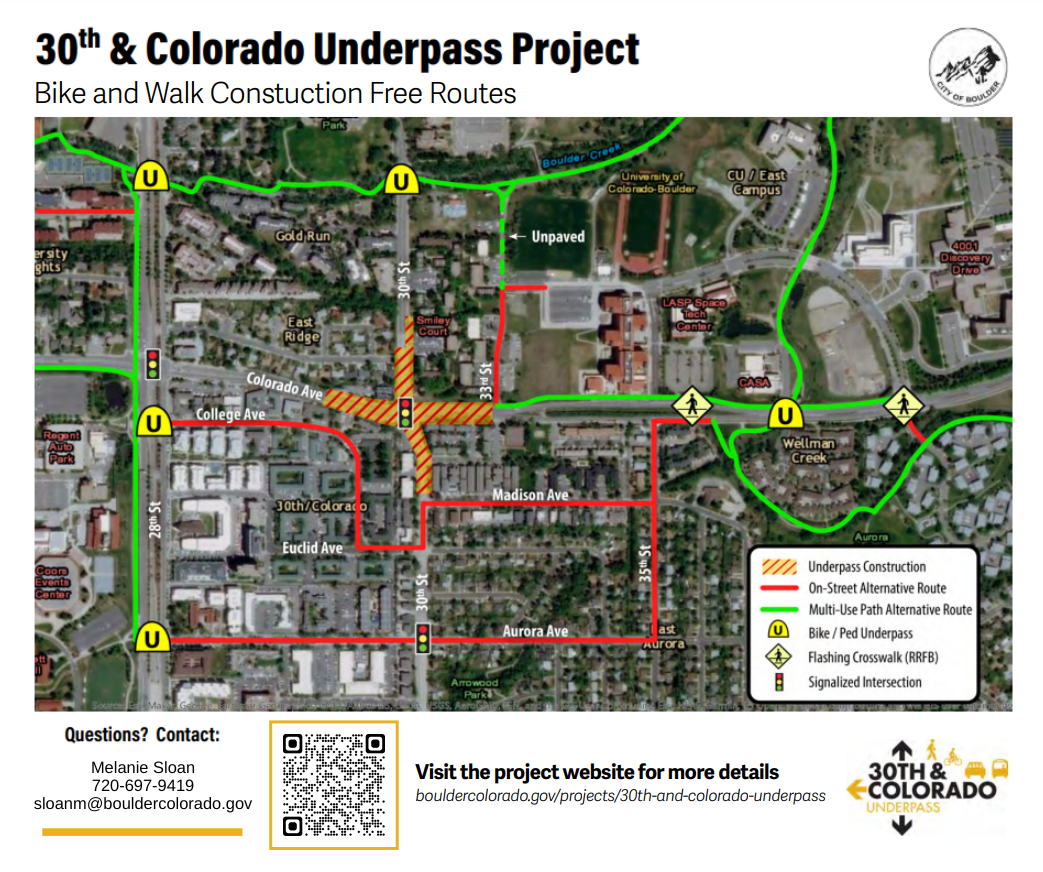 A map of alternative routes at 30th and Colorado