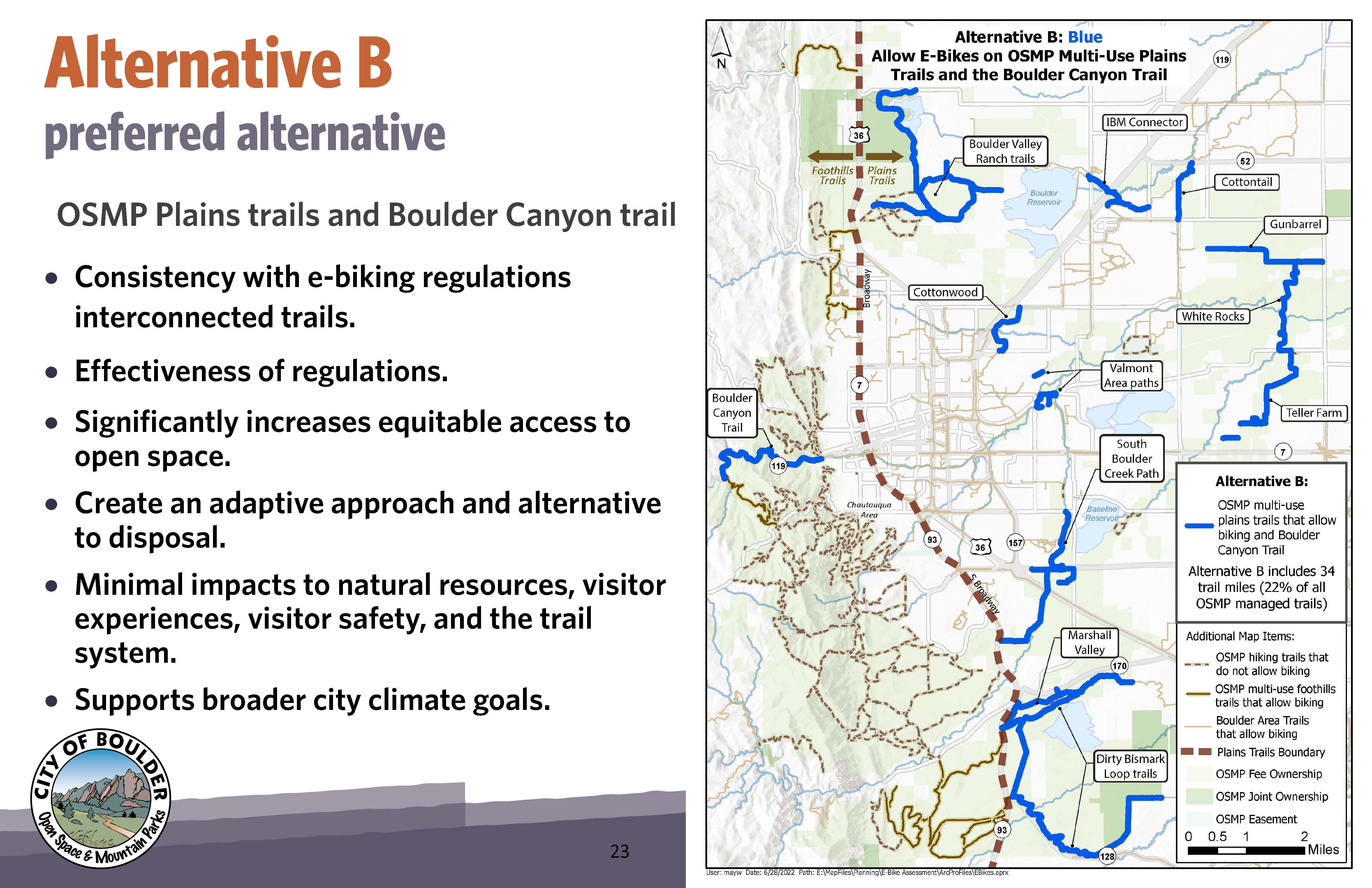 E-Biking Preferred Alternative B: Map with Plains Trails and Boulder Canyon Trail highlighted, and summary of reasons staff support alternative B.