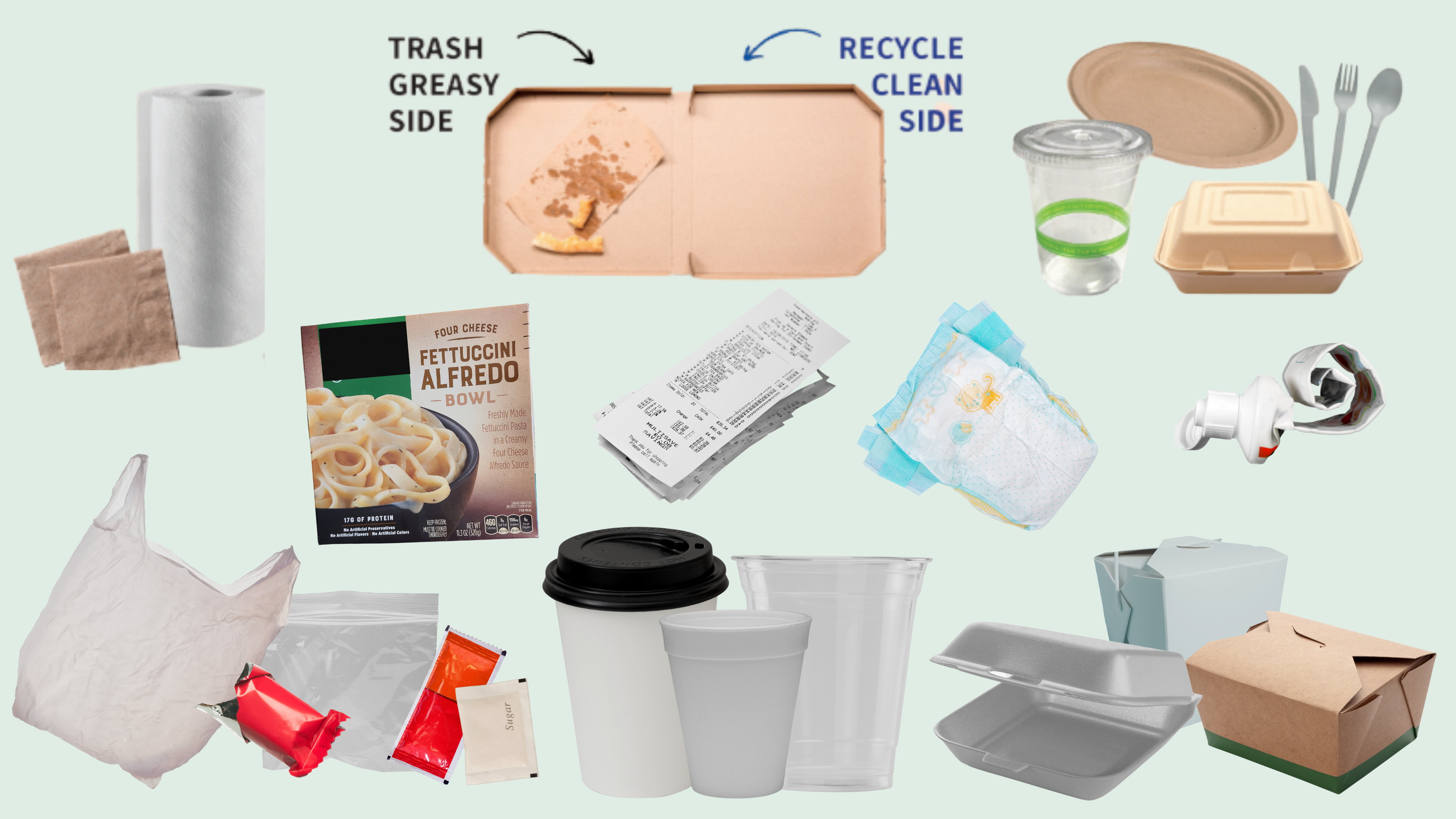 Put paper products, greasy pizza boxes, compostable products, coffee cups, polystyrene, tubes and more in the trash.