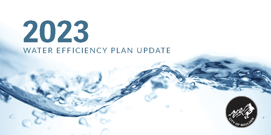 un primer plano de salpicaduras de agua con el logotipo de la ciudad y el texto que dice Actualización del plan de eficiencia del agua 2023