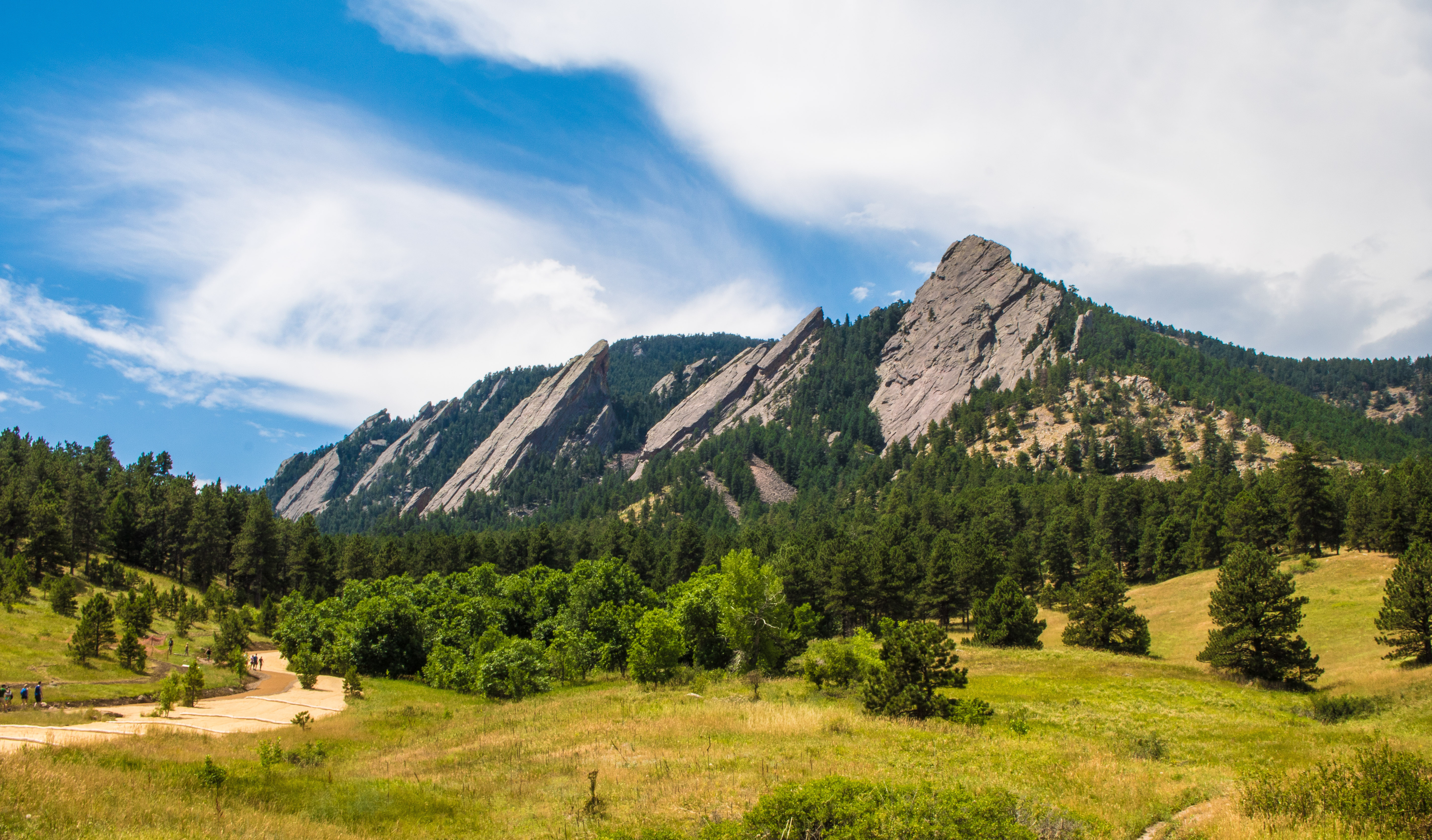 people hiking the chautauqua hiking trail in boulder colorado with blue skies above