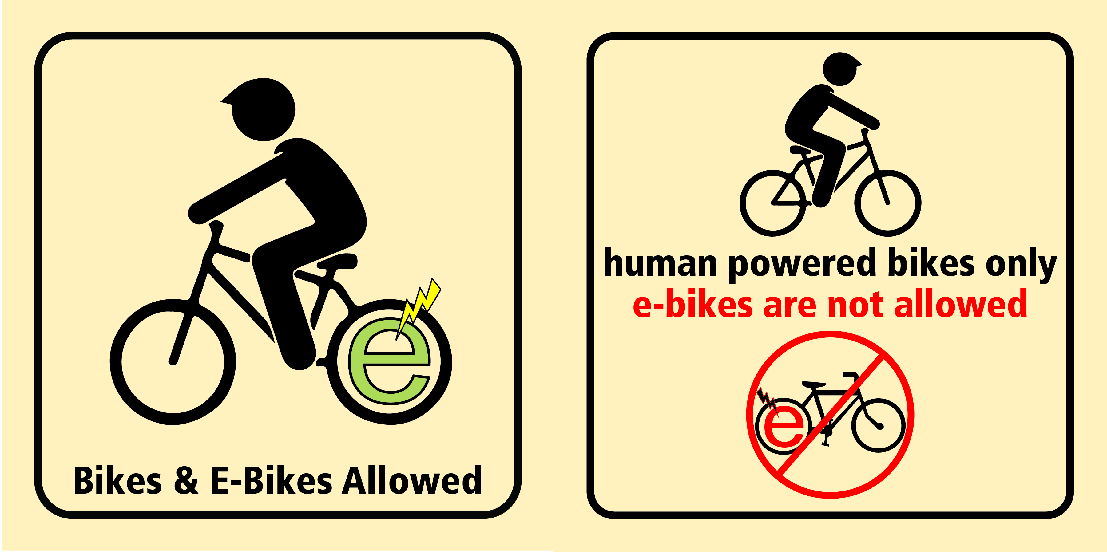 Signs that show whether e-bikes are allowed or prohibited on open space
