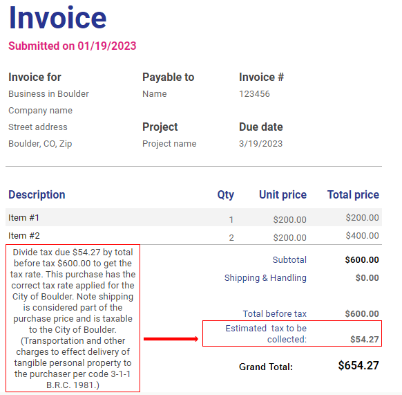 Sample invoice with correct City of Boulder tax