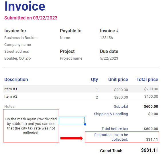 Sample invoice with incorrect City of Boulder tax