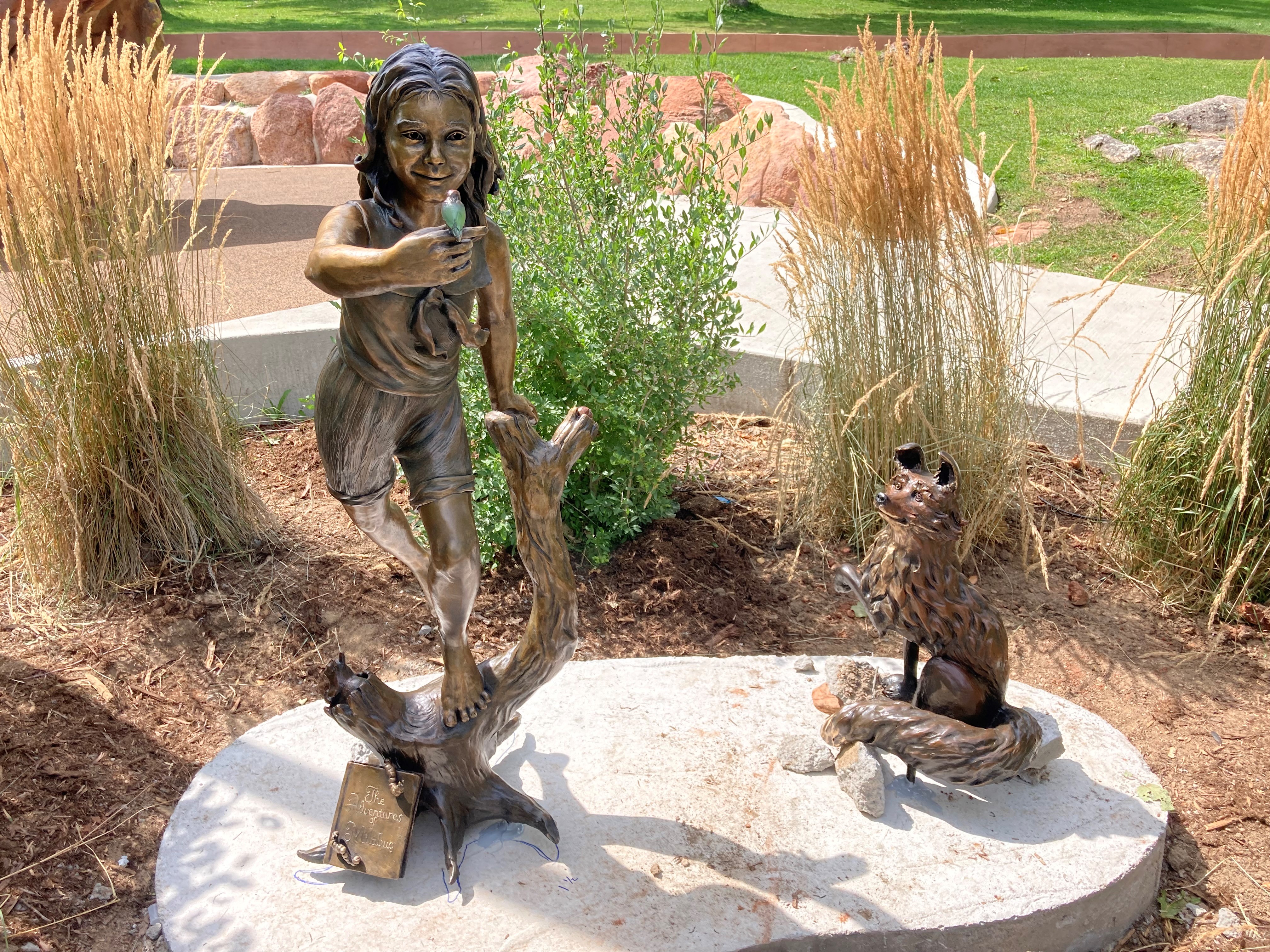 Sculpture of Mila, fox and their animal friends at Chautauqua Playground August 2022.