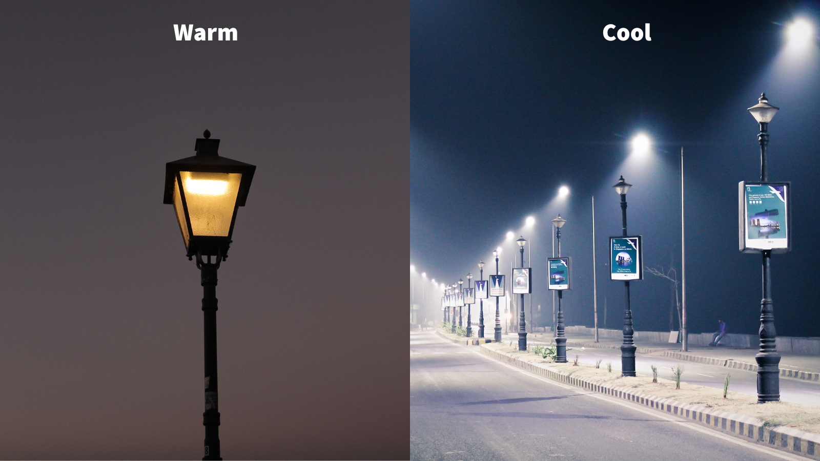 Examples of warm and cool streetlighting