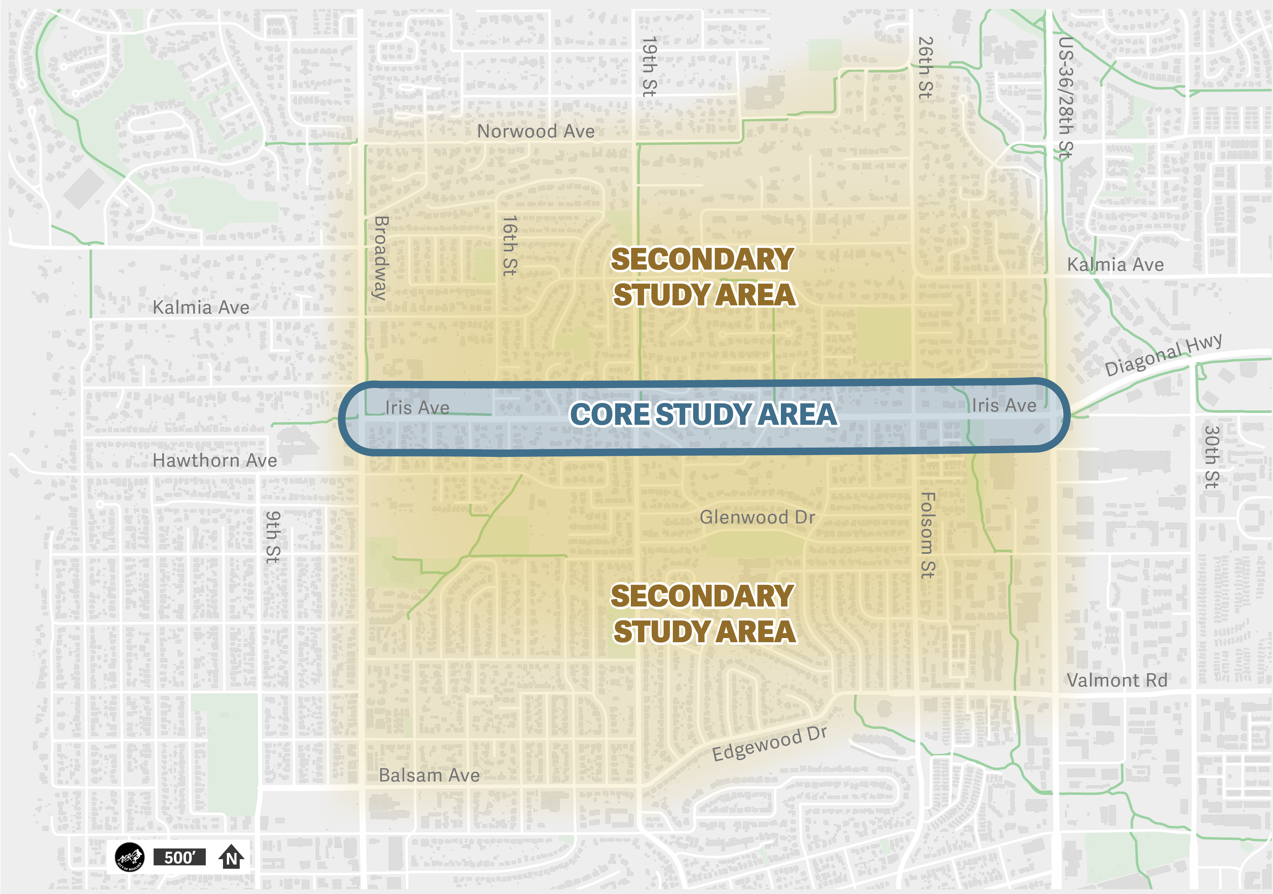 A map of the primary and secondary study area. The primary study area extends on Iris Avenue from Broadway to 28th Street. The secondary study area extends north and south of Iris Avenue from Norwood Avenue to Balsam Avenue/Edgewood Drive.
