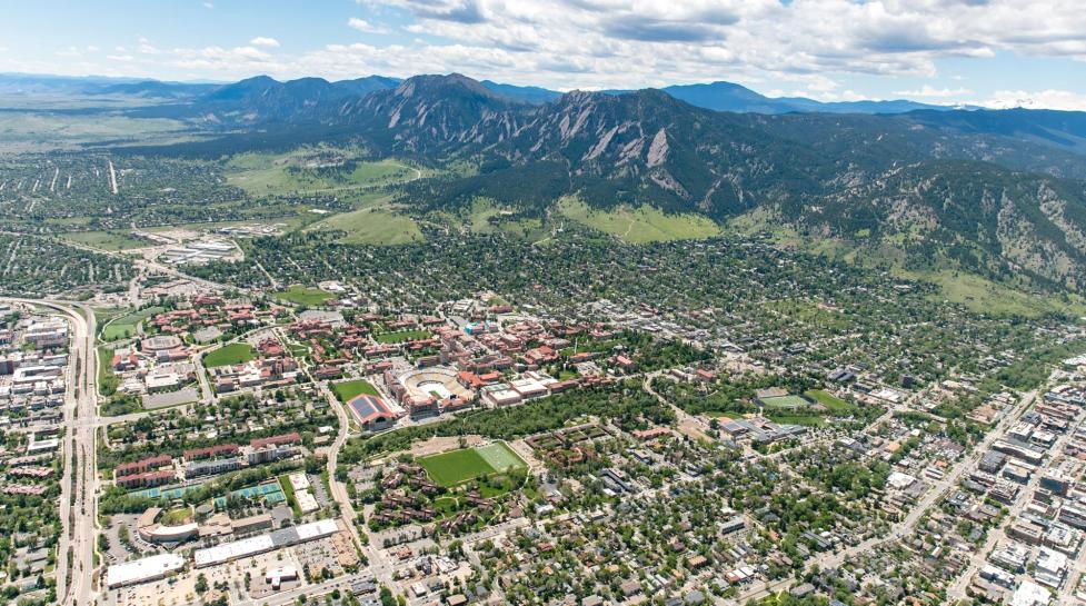 sweeping aerial view of boulder showing neighborhoods, streets and foothills in background
