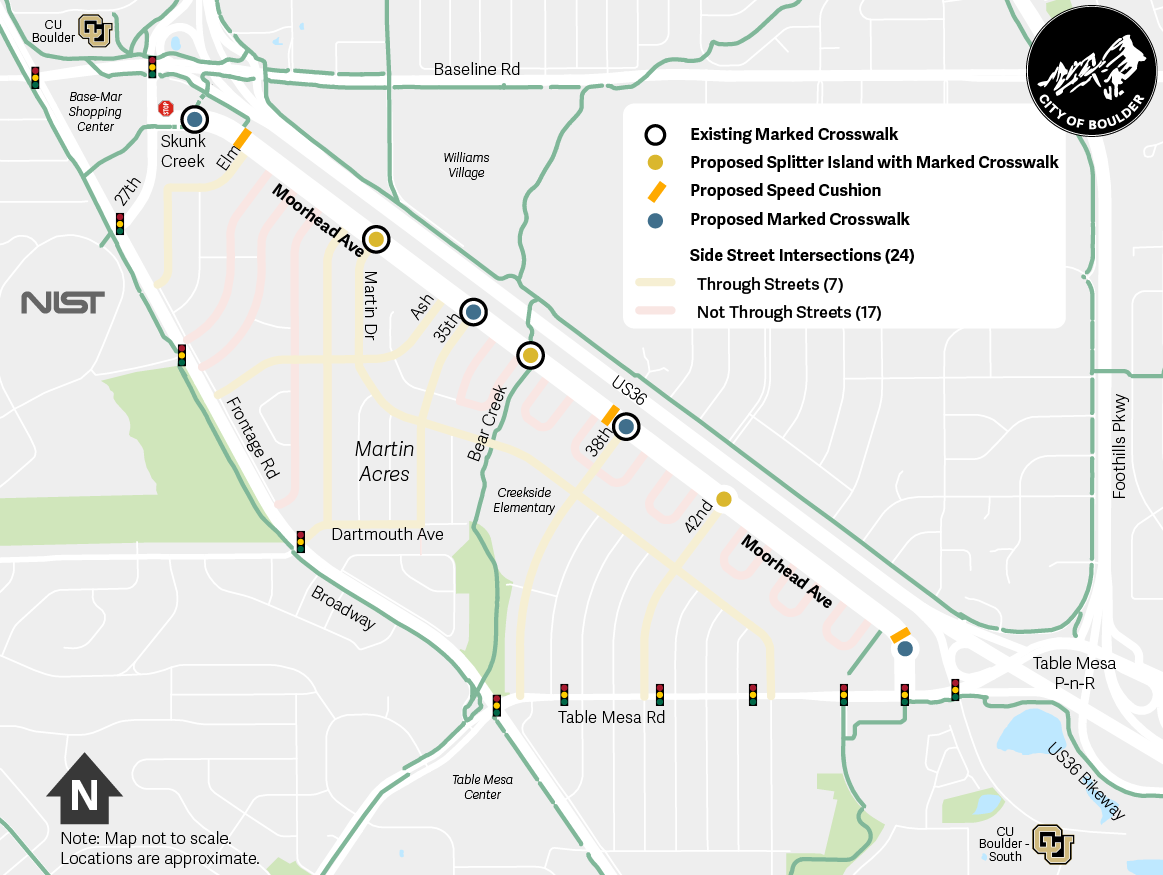 Mapa de Moorhead Avenue de los cambios propuestos. Detalles en la página web del proyecto en la sección Elementos finales del proyecto.