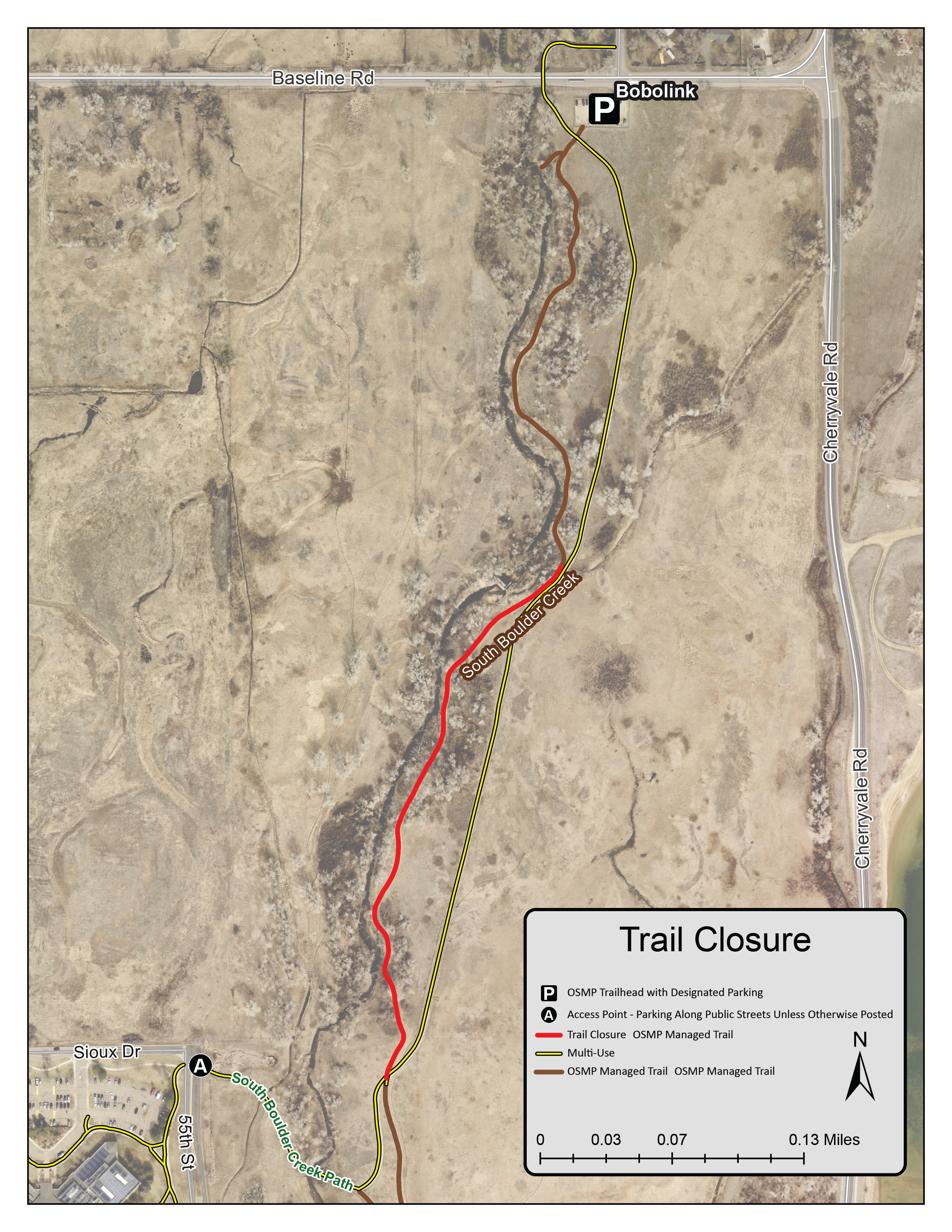 There will a trail closure at the southern most section of the unpaved South Boulder Creek Trail
