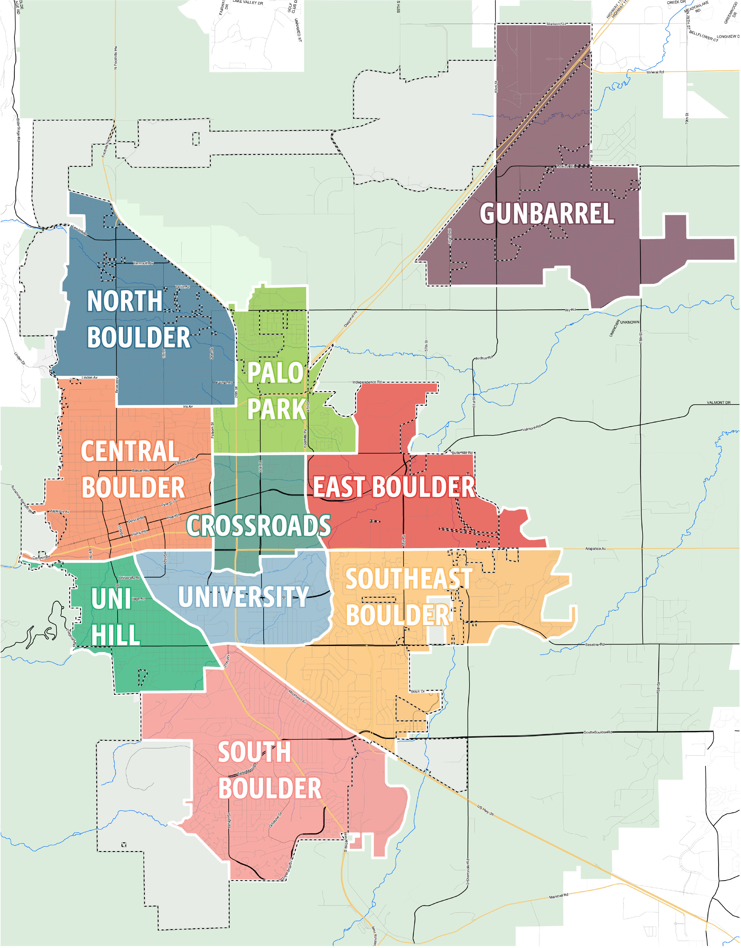 Map showing the following subcommunities: Gunbarrel, North Boulder, Palo Park, Central Boulder, East Boulder, Crossroads, University, University Hill, Southeast Boulder, South Boulder