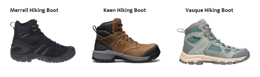 Examples of hiking boots with ankle support: Merrell, Keen and Vasque hiking boots