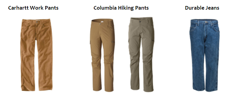 Examples of pants Junior Rangers wear: Carhartt work pants, Columbia hiking pants, Durable jeans