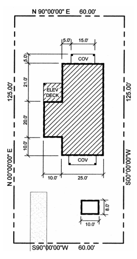 Blueprint view of building coverage, including measurements and orientation