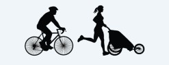 Person biking and person running with stroller.