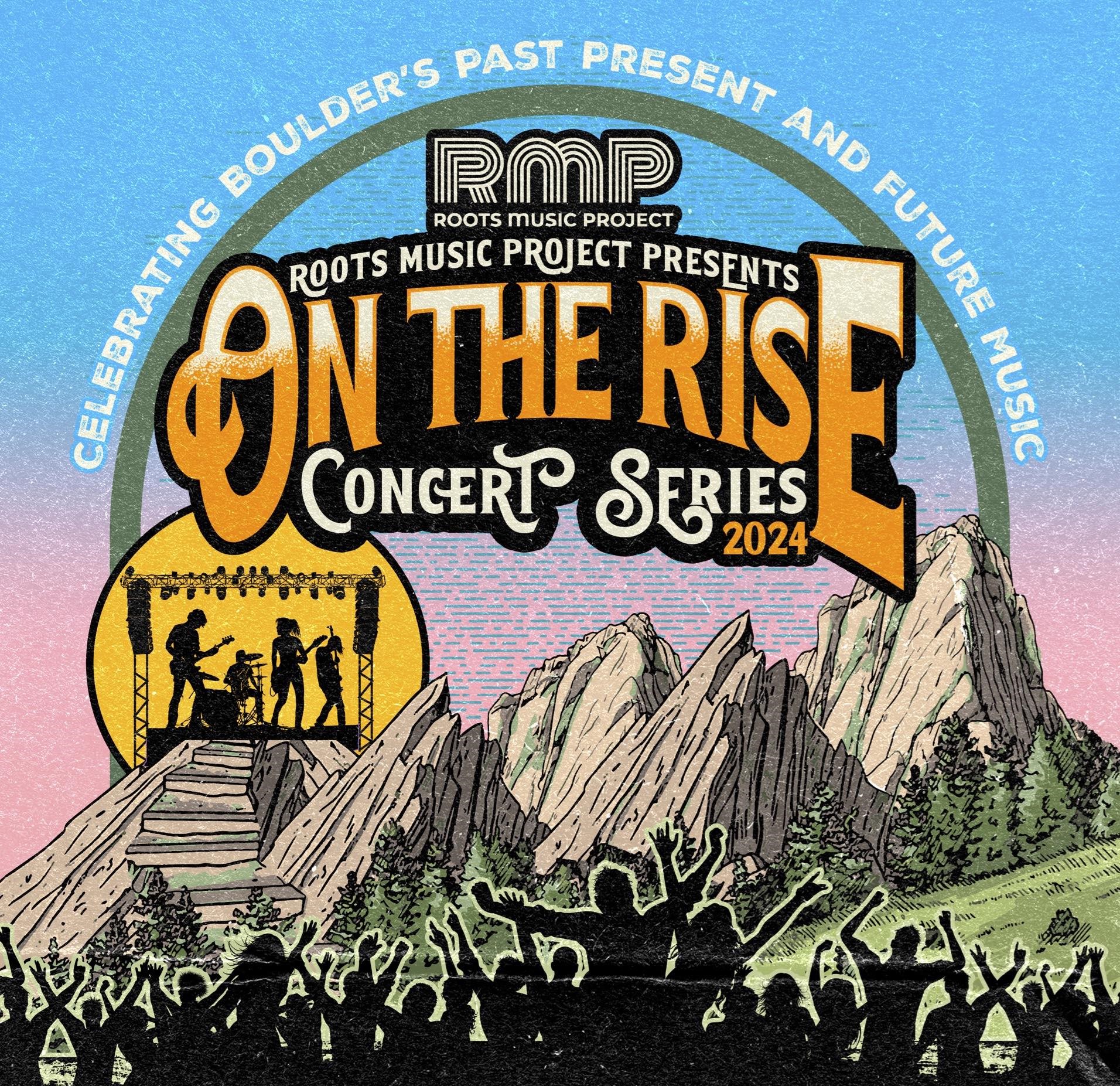 Graphic poster of concert goers next to the Flatirons