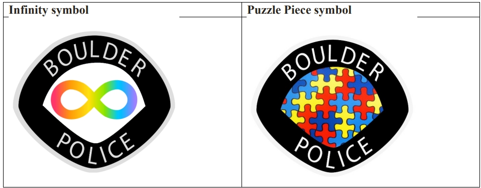 Boulder police badge with infinity symbol and a Boulder police badge with colorful puzzle pieces