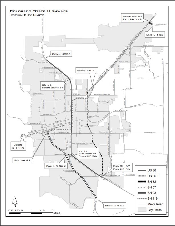 Map displaying state highways located with City of Boulder limits