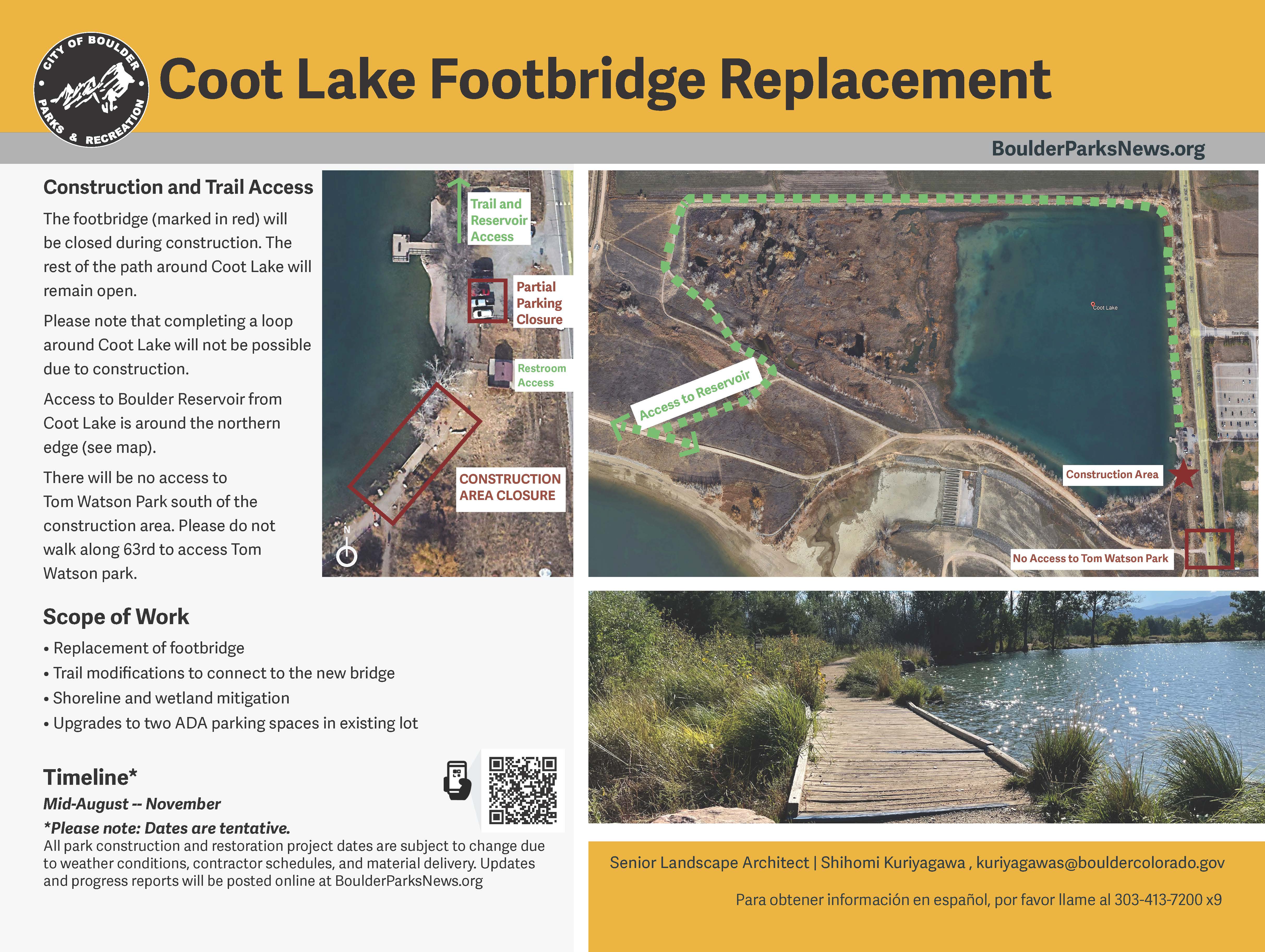 Coot Lake Footbridge Replacement sign with closure map