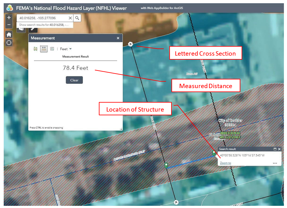 FEMA online mapping tool interface showing lettered cross-section, measured distance, and location structure.