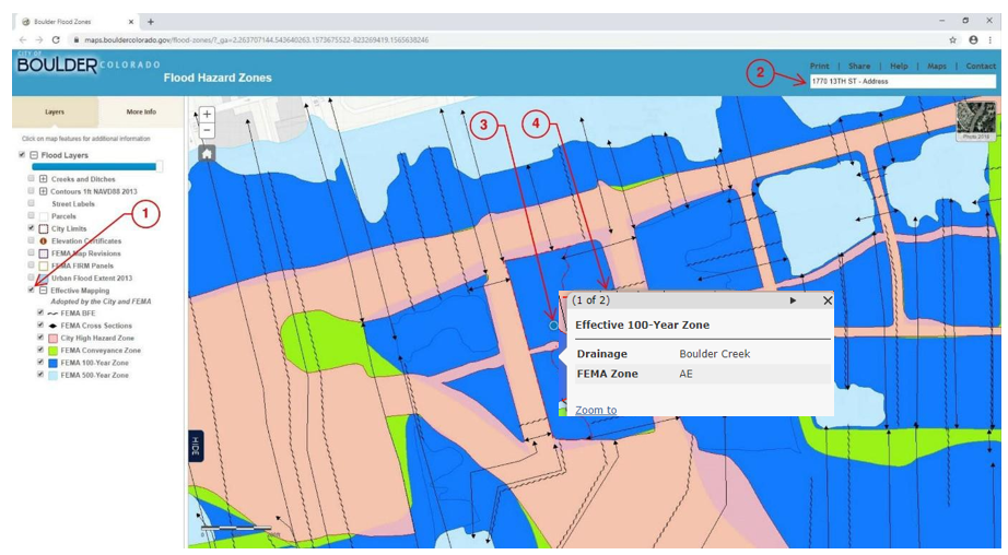 Interactive Flood Map interface, showing items 1 through 4 described above