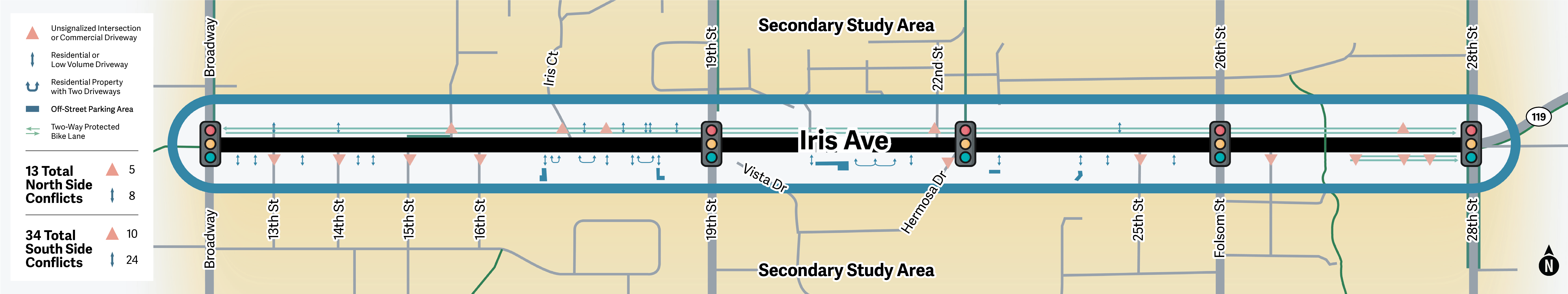 Iris Avenue 2-way conflicts map. Details in text on project webpage and virtual open house. 