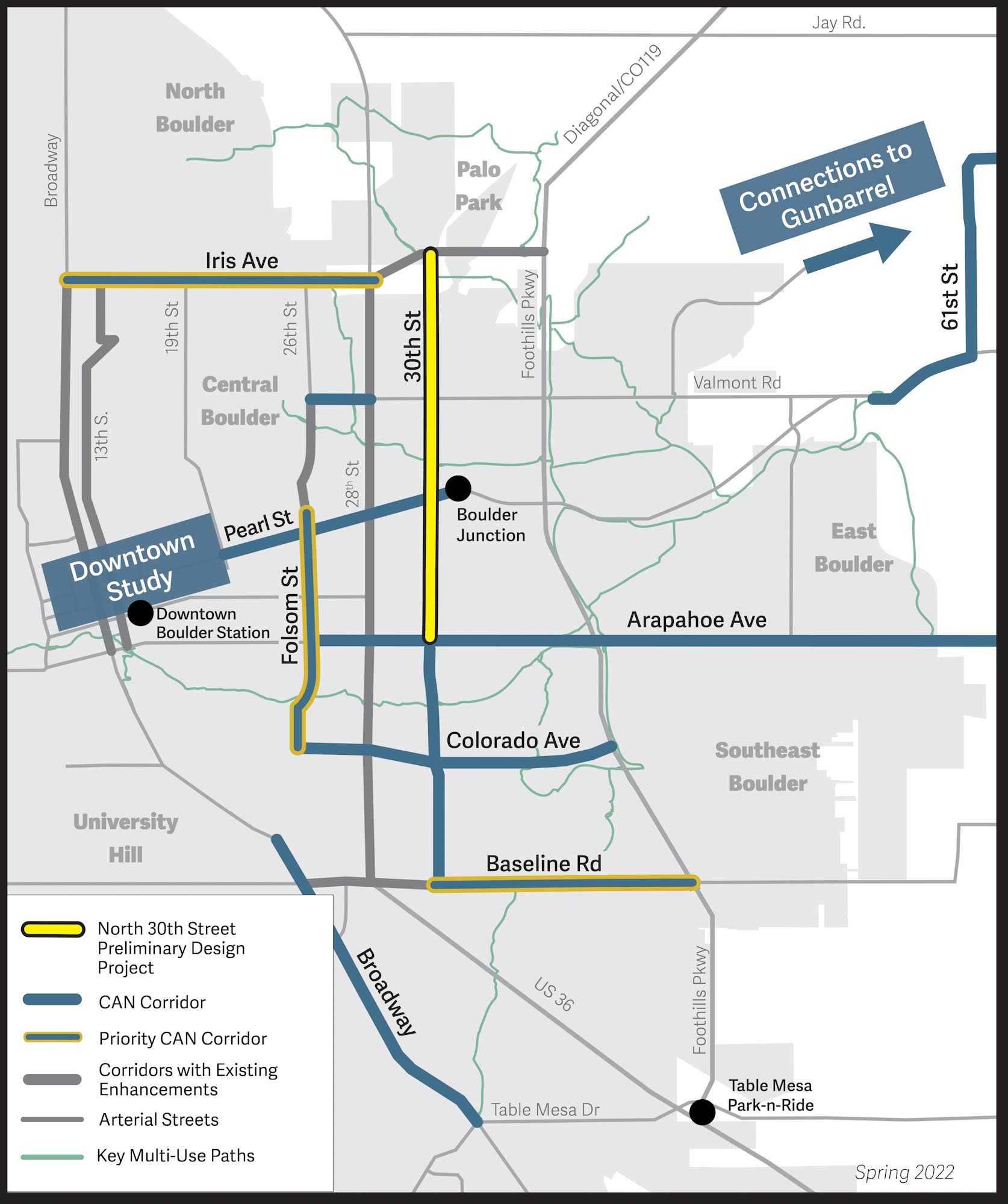 Core Arterial Network의 North 30th Street 예비 설계 프로젝트 지도. 자세한 내용은 Core Arterial Network 웹페이지를 방문하세요.