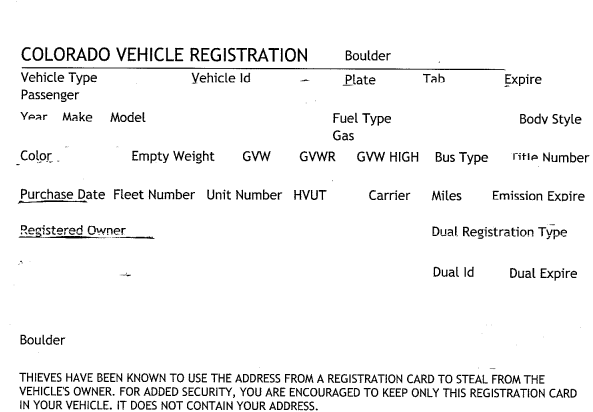 Template of a Colorado Vehicle Registration card