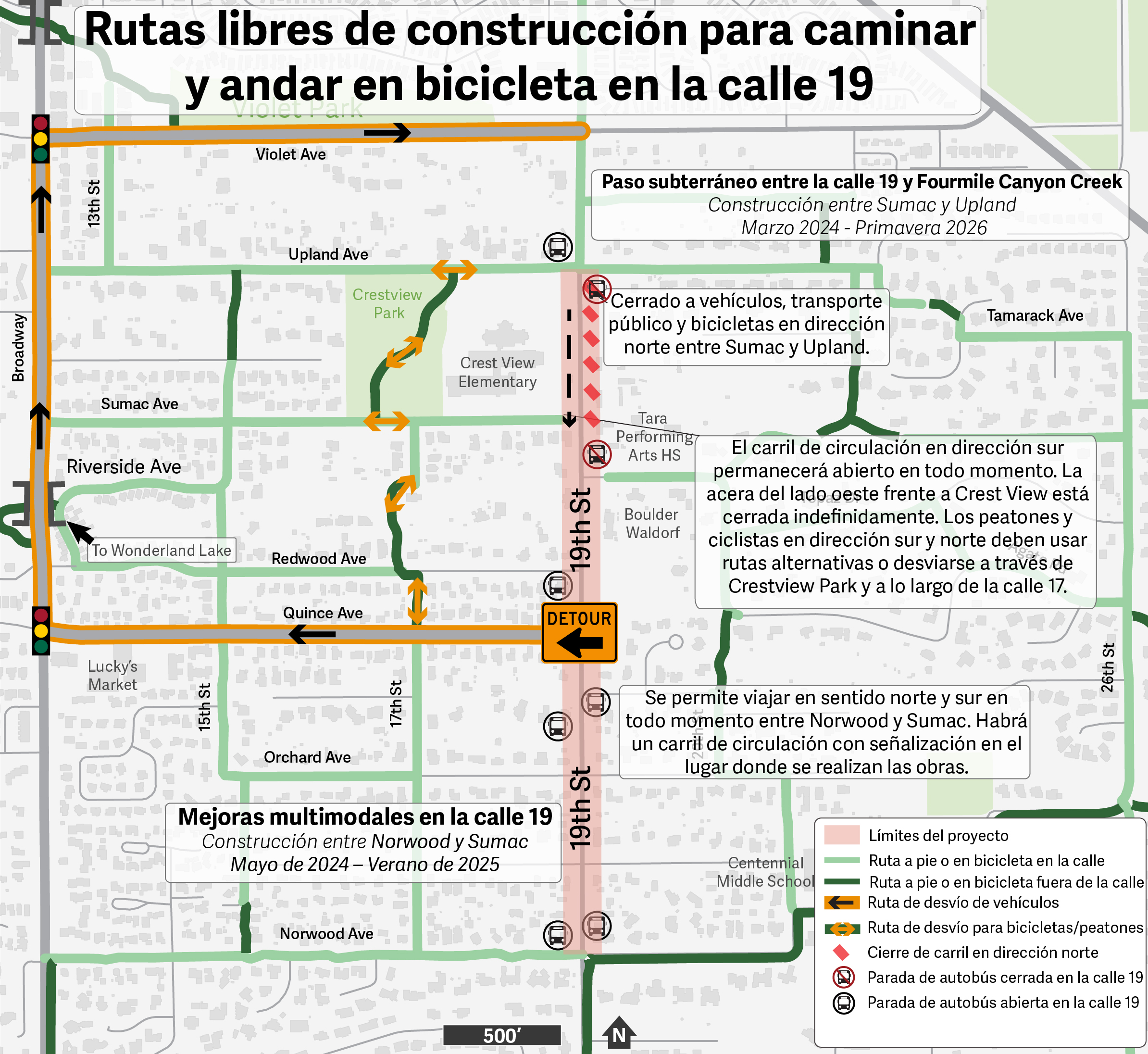 19th Street detour map in Spanish. Details under header Detour Map Long Description on project webpage.