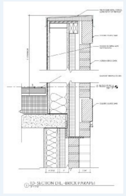 Example of dimensional characteristics of the façade materials, window section including the lintel and window recessing as well as expression line and cap details.
