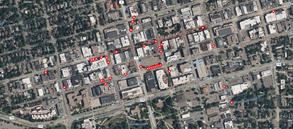 Map indicating planned tree planting locations around downtown Boulder.