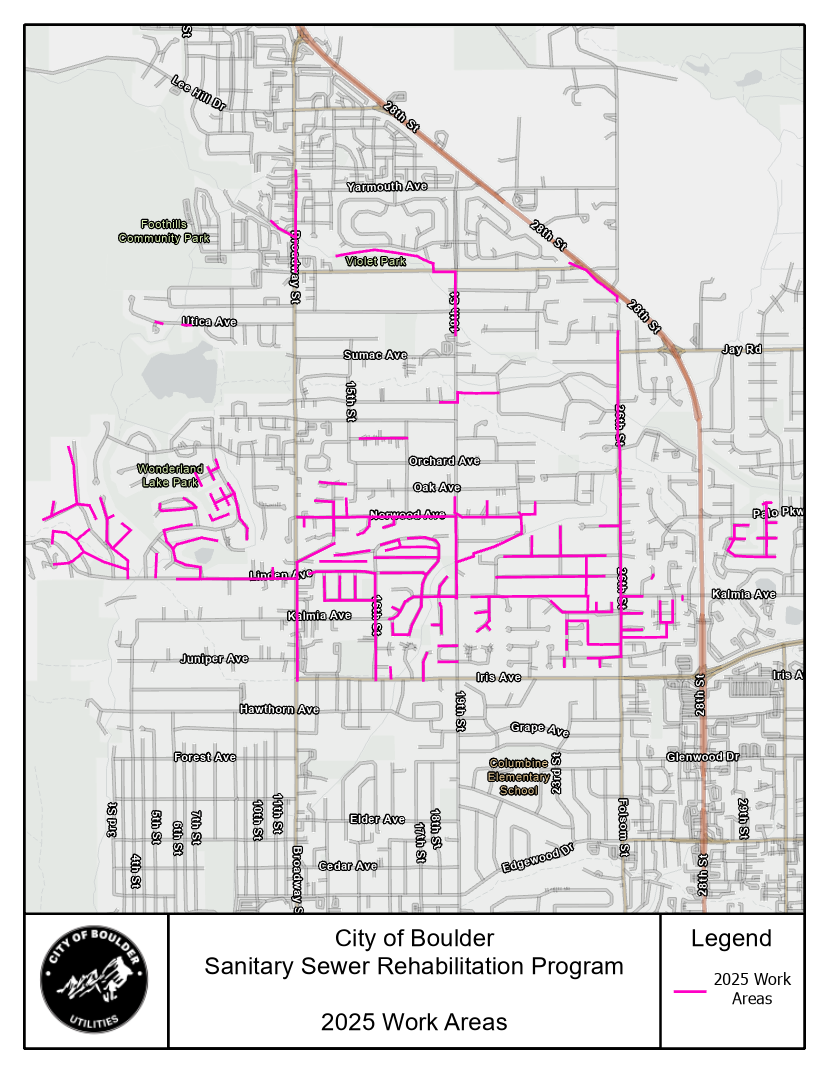 Map of Boulder showing 2025 sewer rehabilitation work areas