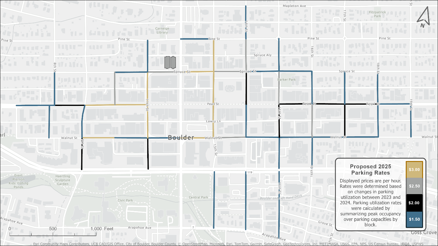 Map of downtown showing on-street parking rates, effective March 31, 2025.