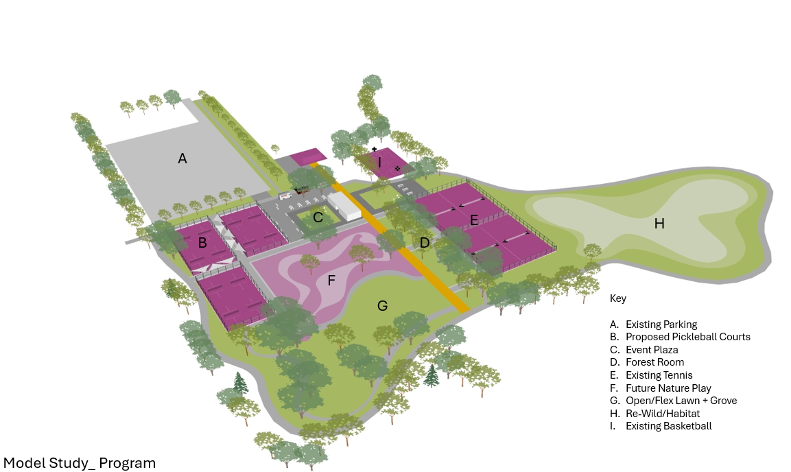 Tom Watson Park Concept for 12 pickleball courts, an event and food truck plaza as well as a nature play playground