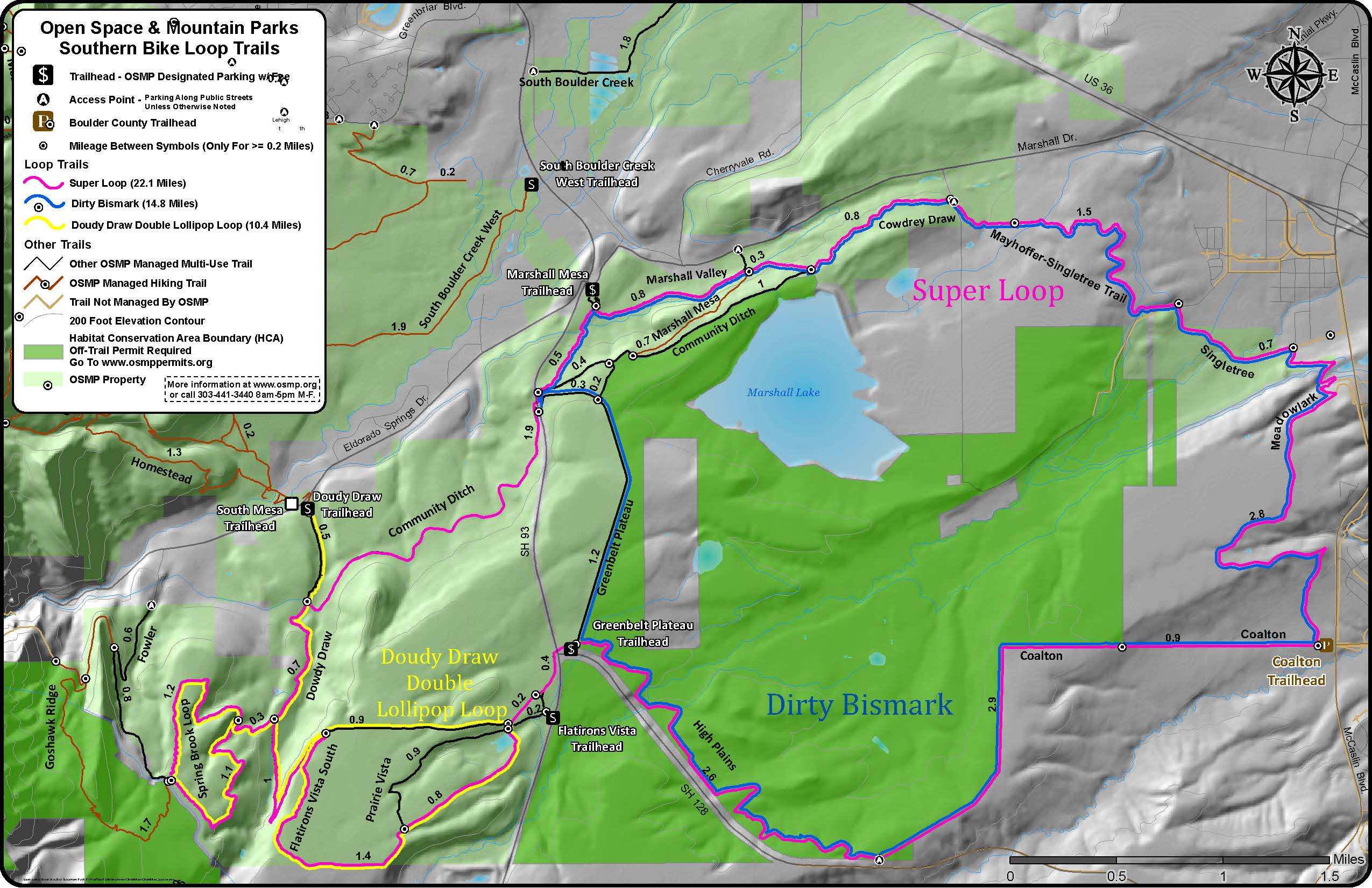 Map of three bike loops in the south Boulder, called the Super Loop, Dirty Bismark and Doudy Draw Double Lollipop Loop, ranging from 10 - 22 miles.