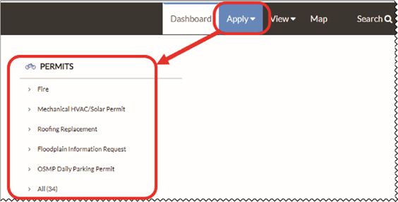 From the CSS home page, click Apply to view a list of Permits available