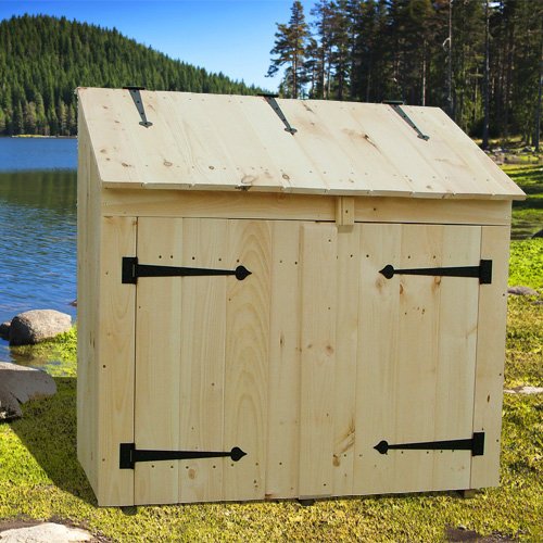 An enclosed wood structure with minimal gaps around the doors and between the door and the ground.  This structure has not certified as bear-resistant but meets the ordinance criteria.